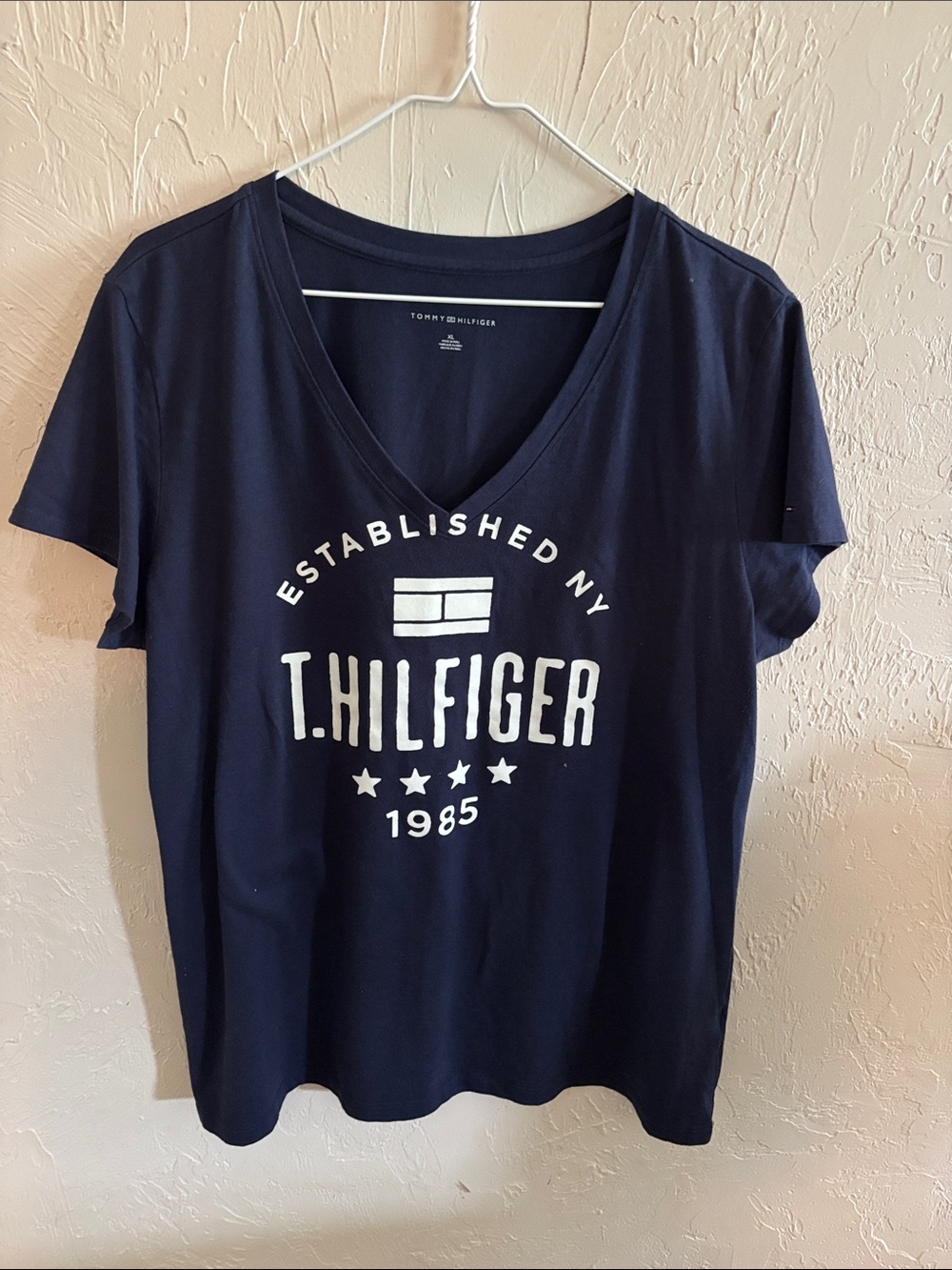 Tommy Hilfiger Navy V-Neck Graphic Tee with White Logo